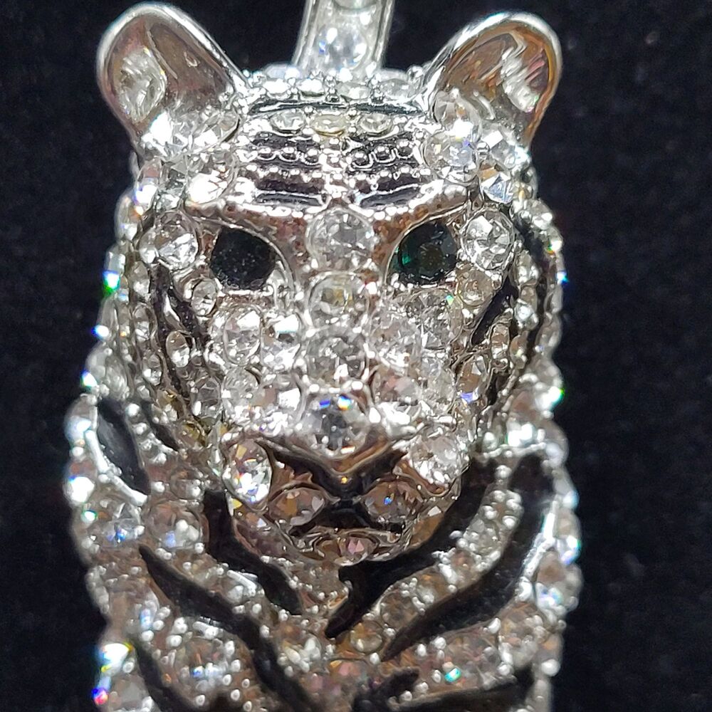 Sparkly Cubic Zirconia Tiger Green Eyes Black Enamel Pendant